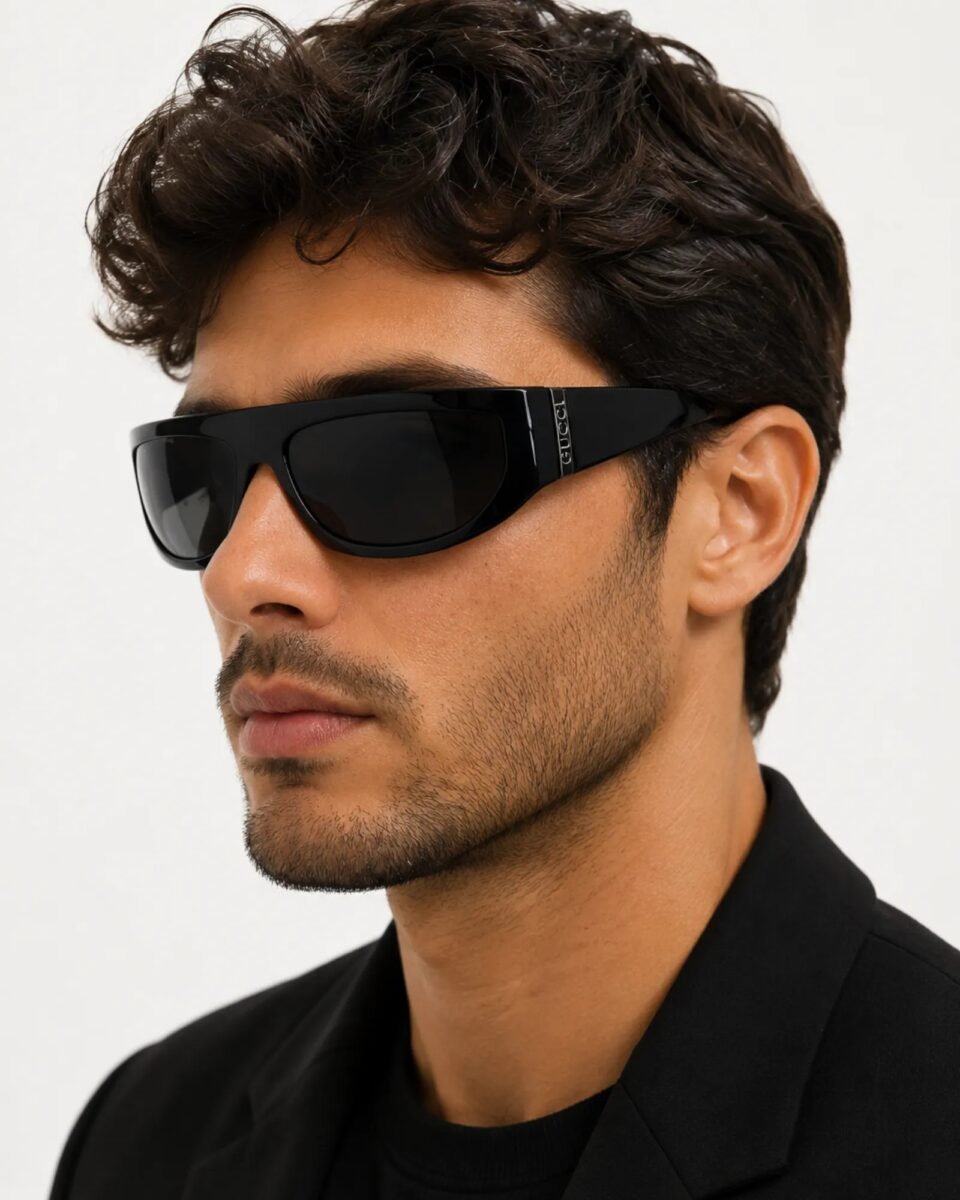 Gucci GG1574S 001 μαύρα wraparound γυαλιά ηλίου σε ανδρικό μοντέλο