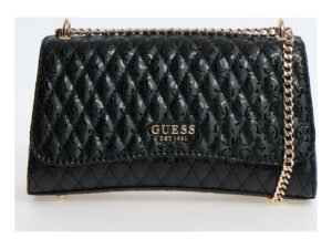 Guess HWGG9626210-BLA μαύρη γυναικεία τσάντα χιαστί με ανάγλυφο μονόγραμμα και χρυσή αλυσίδα