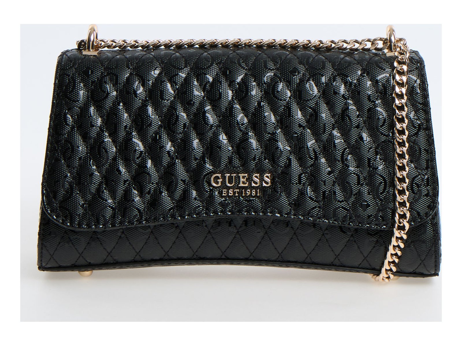 Guess HWGG9626210-BLA μαύρη γυναικεία τσάντα χιαστί με ανάγλυφο μονόγραμμα και χρυσή αλυσίδα