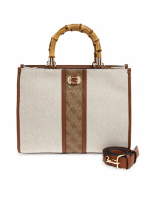 Guess Kerima κρεμ γυναικεία τσάντα χειρός με bamboo χερούλια, μπροστινή όψη