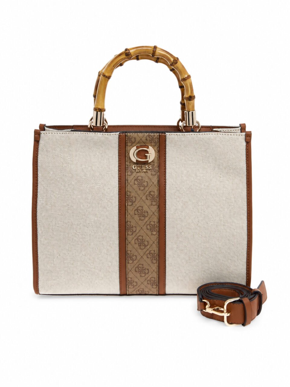Guess Kerima Bamboo Γυναικεία Τσάντα Tote Εκρού/Καφέ