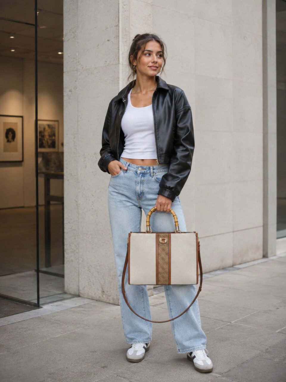 Νεαρή γυναίκα κρατά την Guess Kerima Bamboo κρεμ γυναικεία τσάντα tote