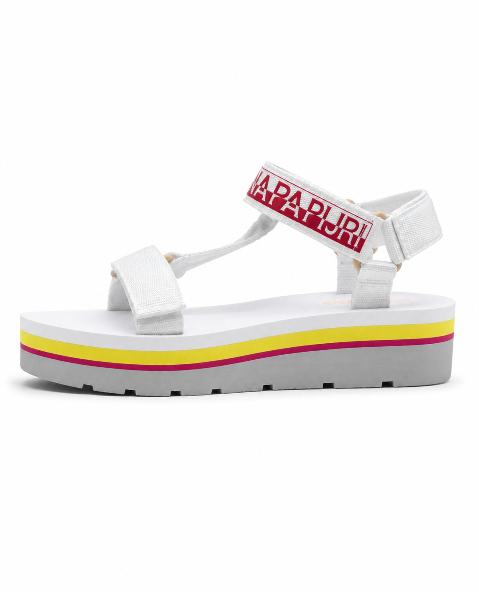 Γυναικεία λευκά platform sandals Napapijri Dahlia σε πλαϊνή λήψη με κίτρινη και μπορντό λεπτομέρεια στη σόλα