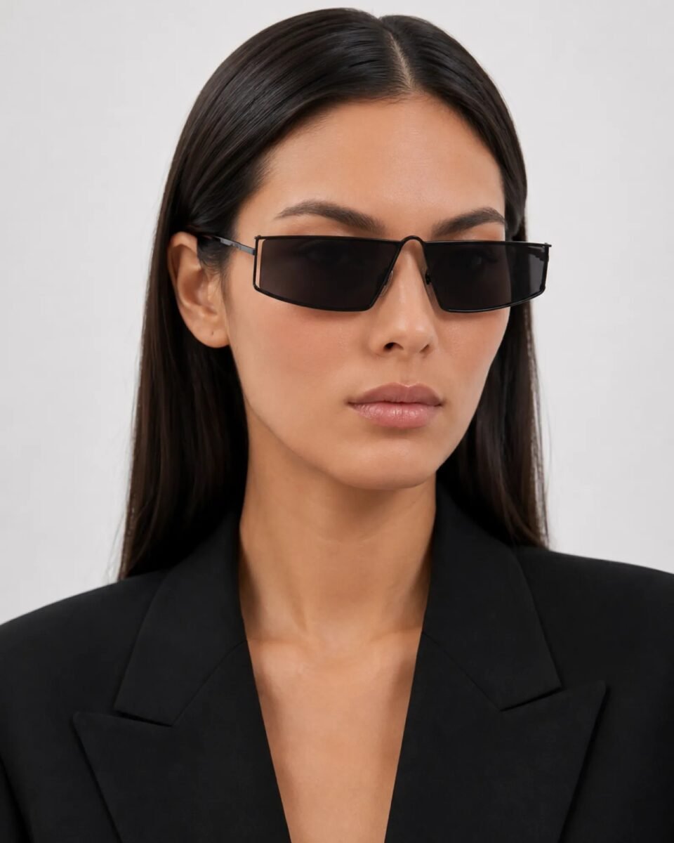 Saint Laurent SL 606 001 μαύρα γυαλιά ηλίου φορεμένα σε γυναικείο μοντέλο
