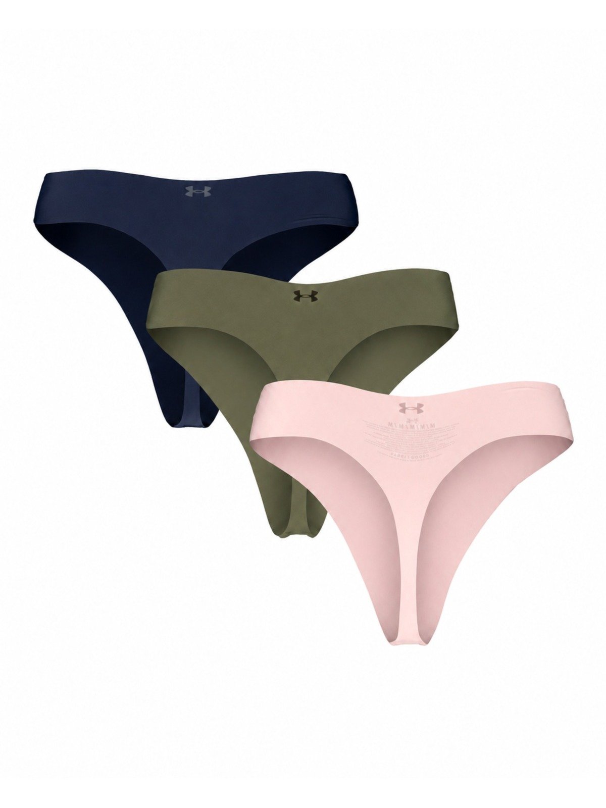 Πίσω όψη Under Armour Essential Stretch No Show string εσωρούχων σε ροζ, λαδί και navy μπλε