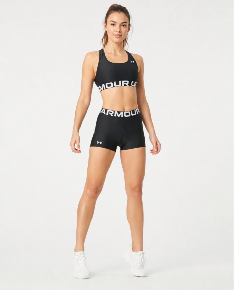 Γυναικείο μοντέλο με μαύρο σετ Under Armour που φορά το HeatGear Authentics Shorty, ολόσωμη μπροστινή λήψη