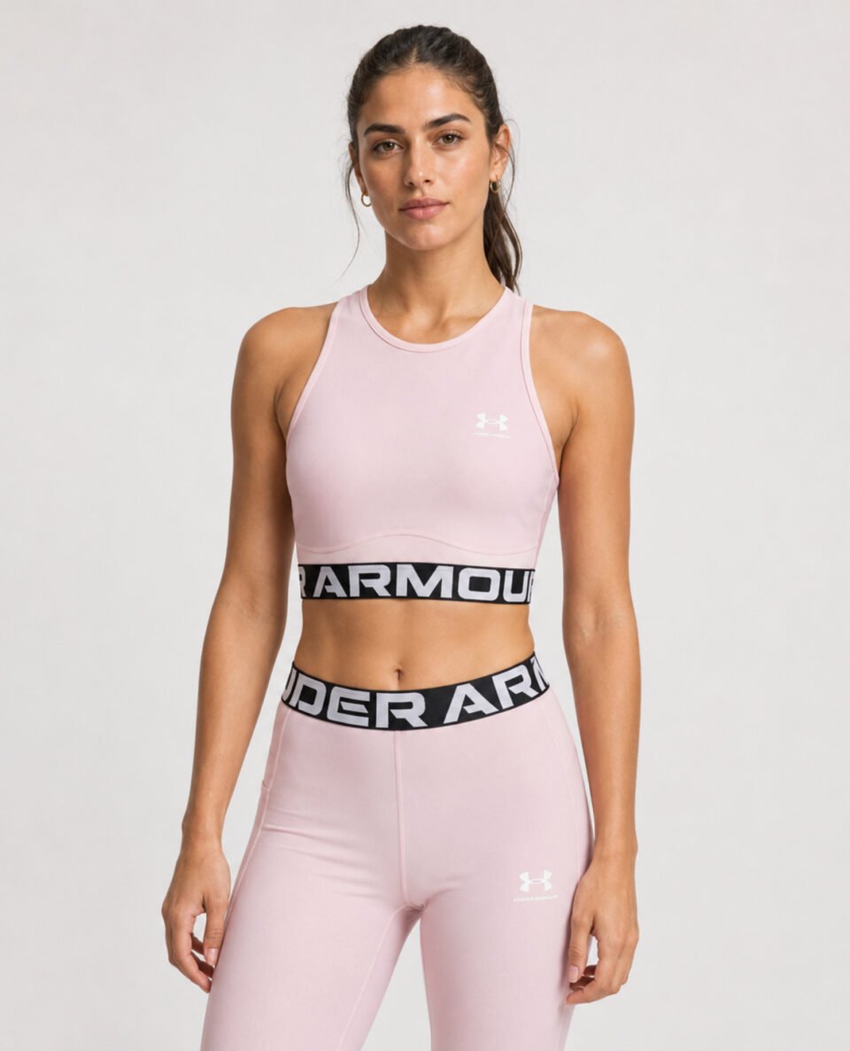 Μοντέλο που φορά Under Armour HeatGear Rib Tank γυναικείο ροζ αμάνικο top