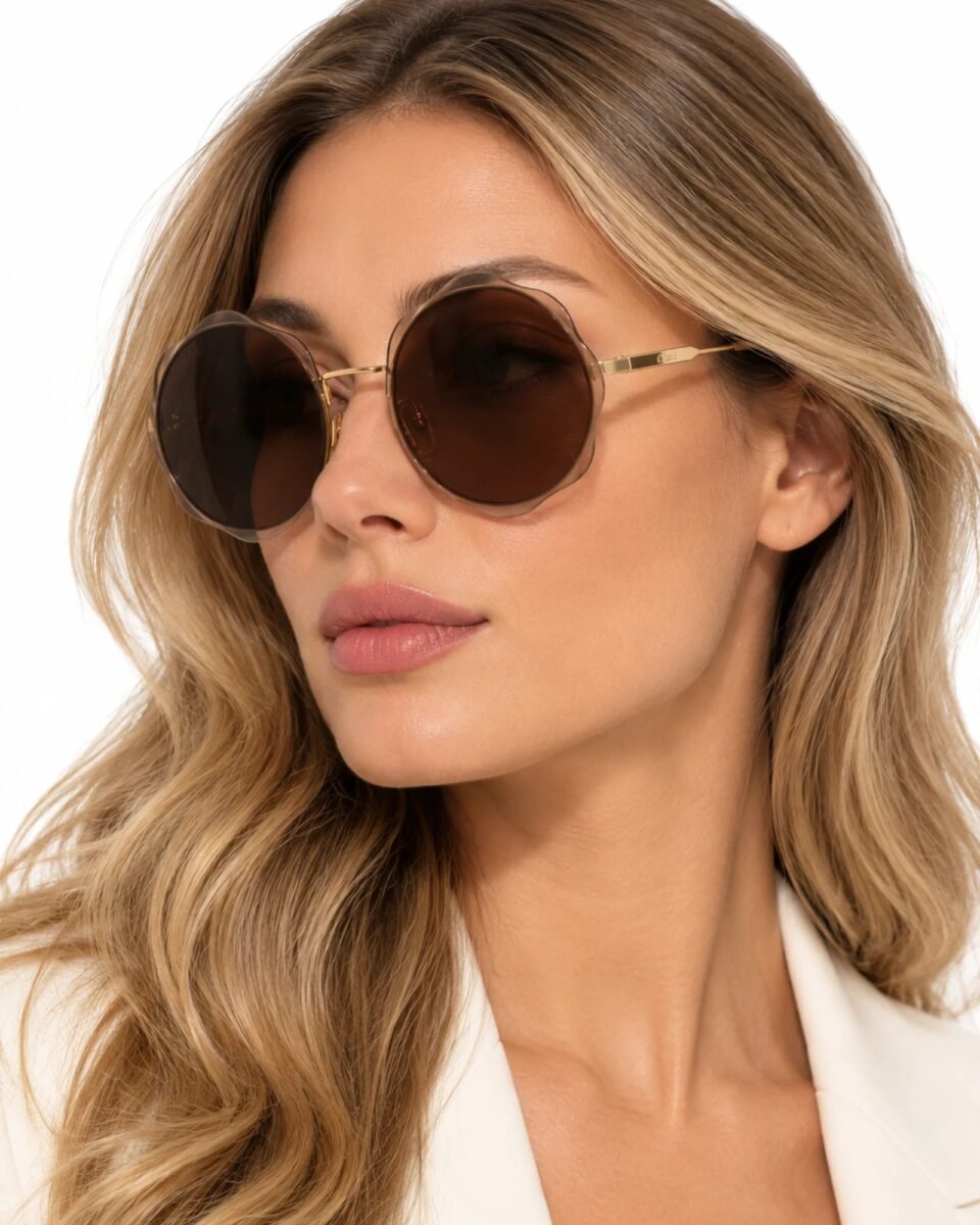 Γυναικείο μοντέλο που φορά Chloé Honoré CH0202S 004 oversized γυαλιά ηλίου με καφέ φακούς