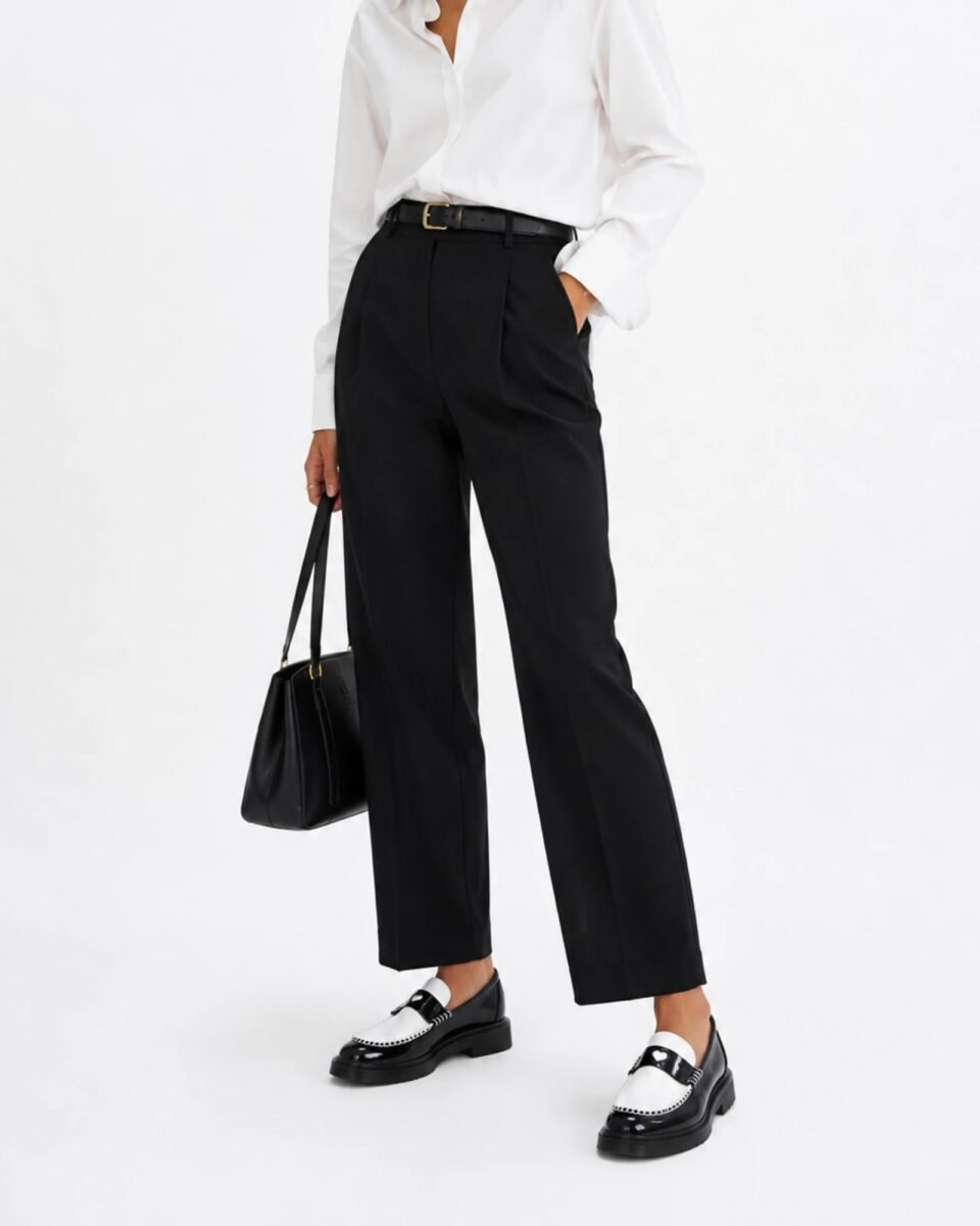 Γυναικείο μοντέλο φοράει Dr. Martens Penton Heart μαύρα λευκά loafers
