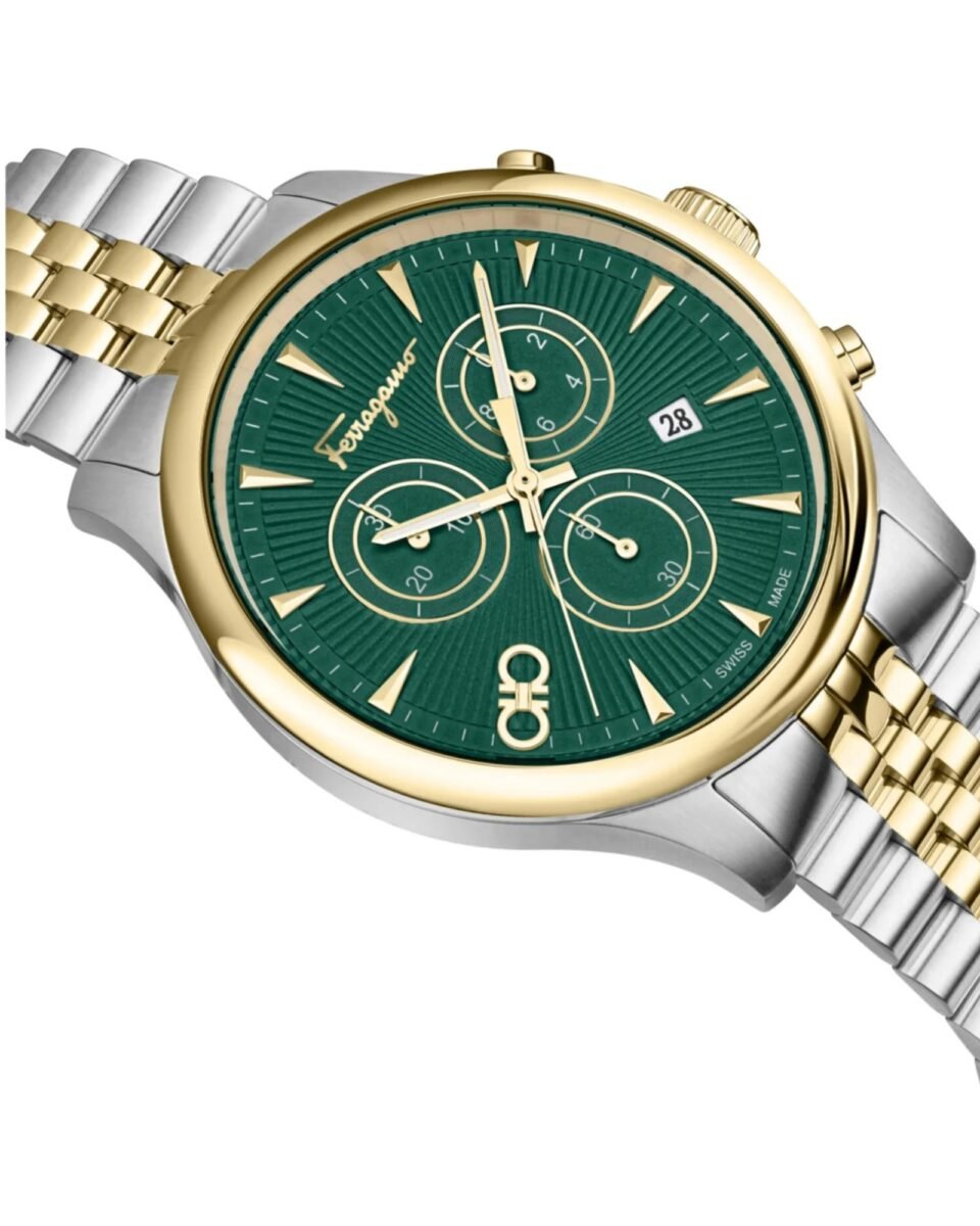 Ferragamo Duo Chrono SFEZ01224 πράσινο chronograph καντράν με χρυσές λεπτομέρειες, κοντινή όψη