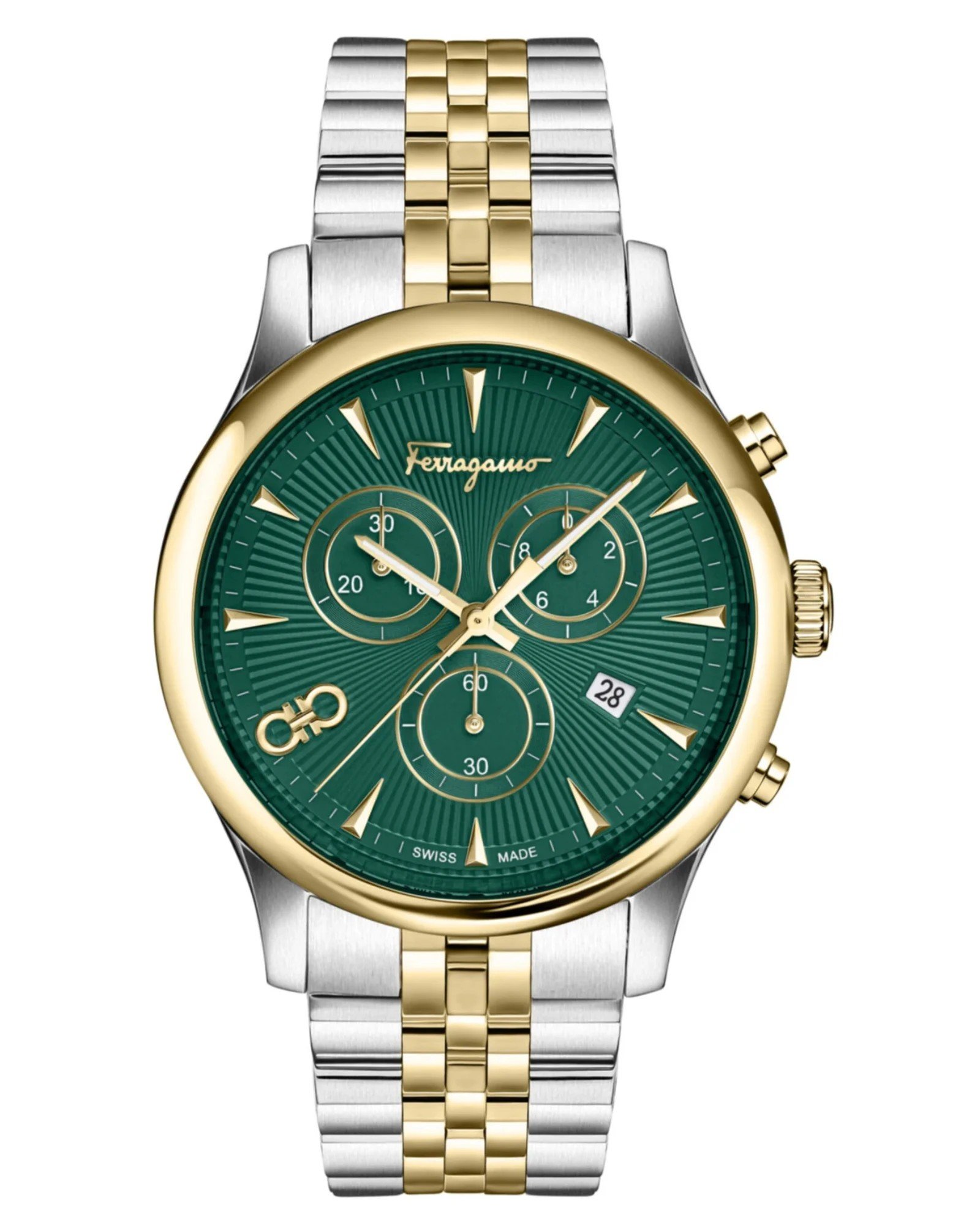 Ferragamo Duo Chrono SFEZ01224 ανδρικό ρολόι 42mm με πράσινο καντράν και δίχρωμο ασημί-χρυσό μπρασελέ