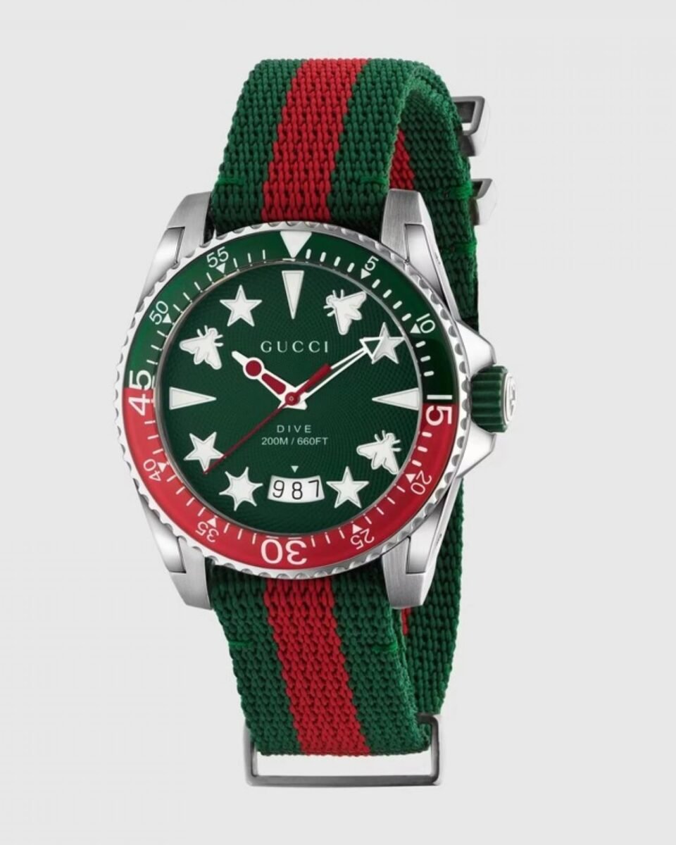 Gucci Dive YA136339 Ανδρικό Ρολόι 40mm Πράσινο με Κόκκινο-Πράσινο Web Λουράκι