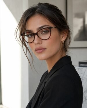 Γυναικείο μοντέλο φοράει Gucci GG1079O 002 γυαλιά οράσεως cat eye