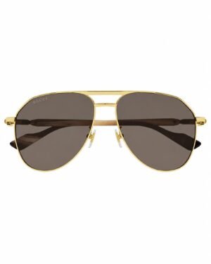 Gucci GG1220S 002 ανδρικά pilot γυαλιά ηλίου με χρυσό μεταλλικό σκελετό και καφέ φακούς μπροστινή όψη