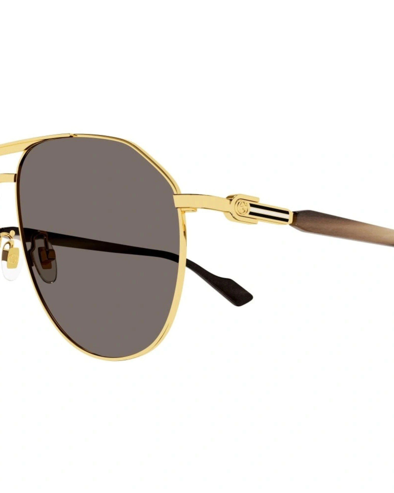 Gucci GG1220S 002 γυαλιά ηλίου λεπτομέρεια χρυσού μεντεσέ και καφέ βραχίονα