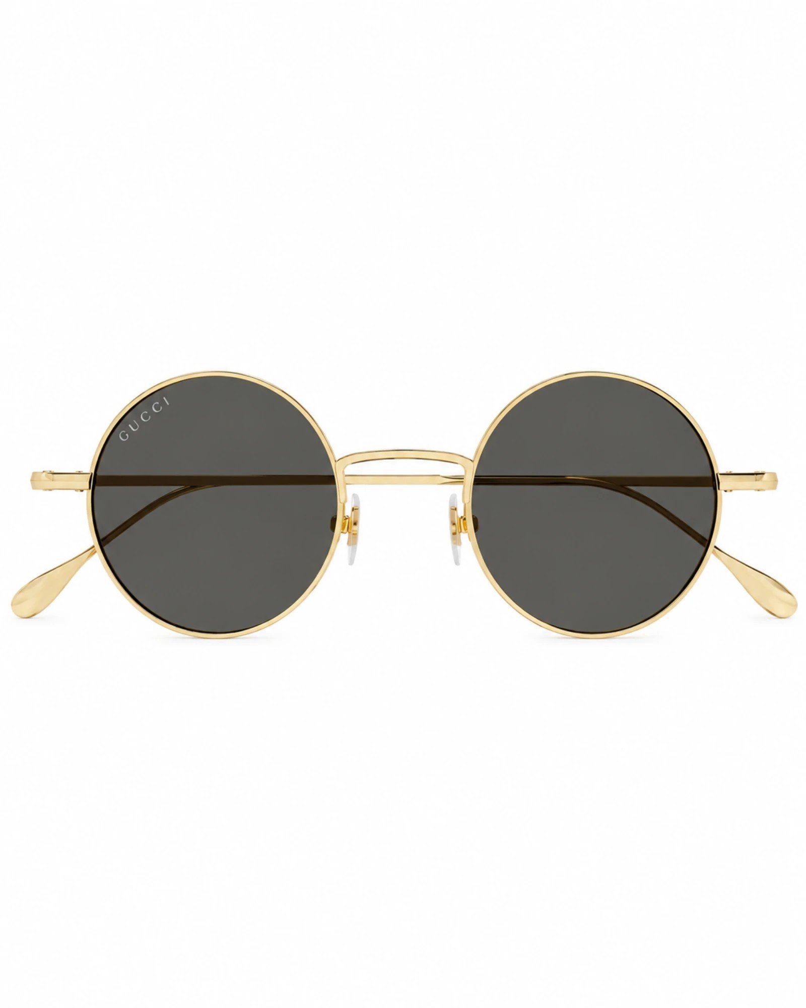Gucci GG1649S 007 στρογγυλά γυαλιά ηλίου με χρυσό μεταλλικό σκελετό και σκούρους γκρι φακούς μπροστινή όψη