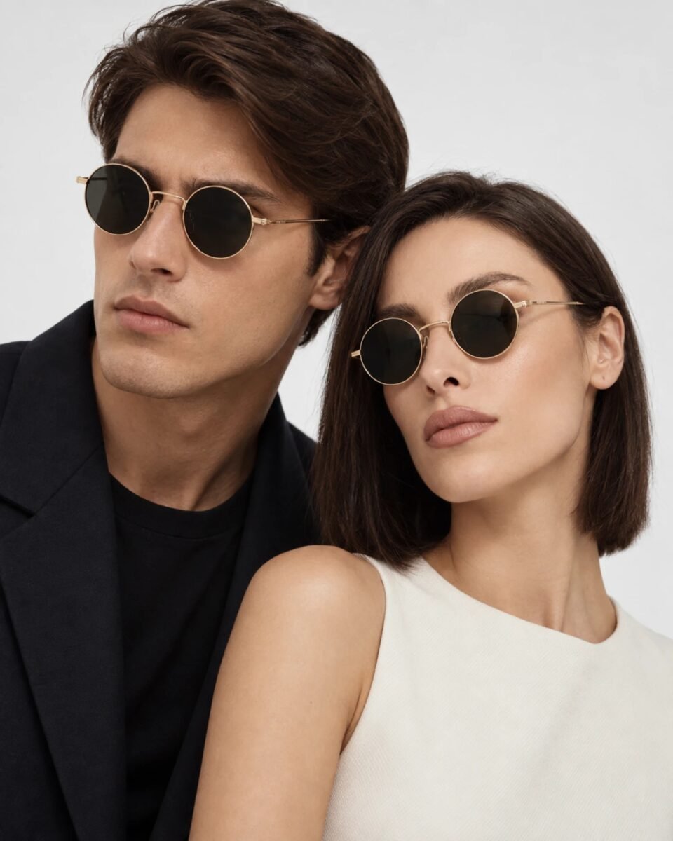 Ζευγάρι μοντέλων που φοράει Gucci στρογγυλά γυαλιά ηλίου με χρυσό μεταλλικό σκελετό και σκούρους φακούς.