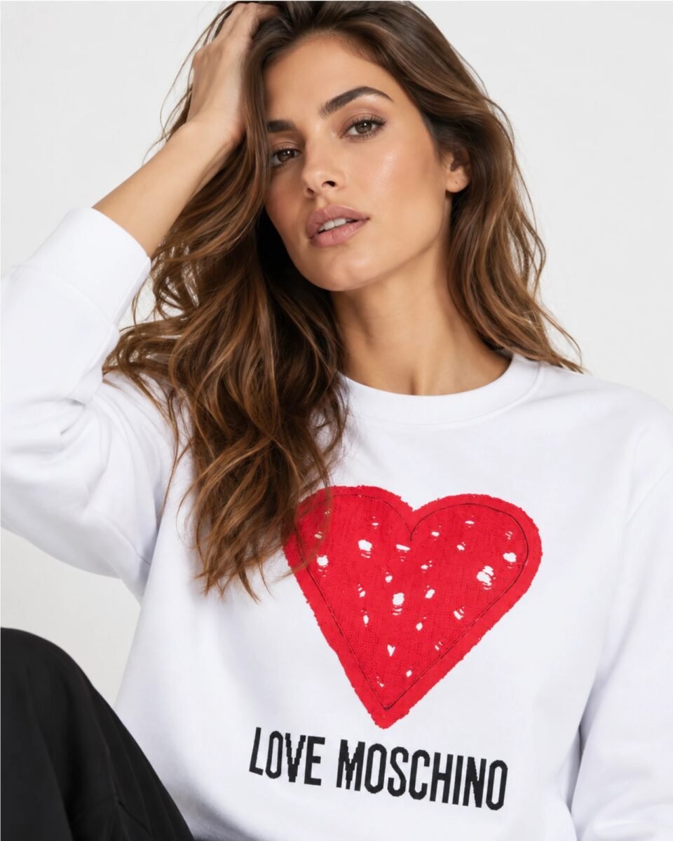 Love Moschino JH6924PP0NL52100 λευκό γυναικείο sweatshirt με κόκκινη καρδιά σε μοντέλο κοντινή λήψη