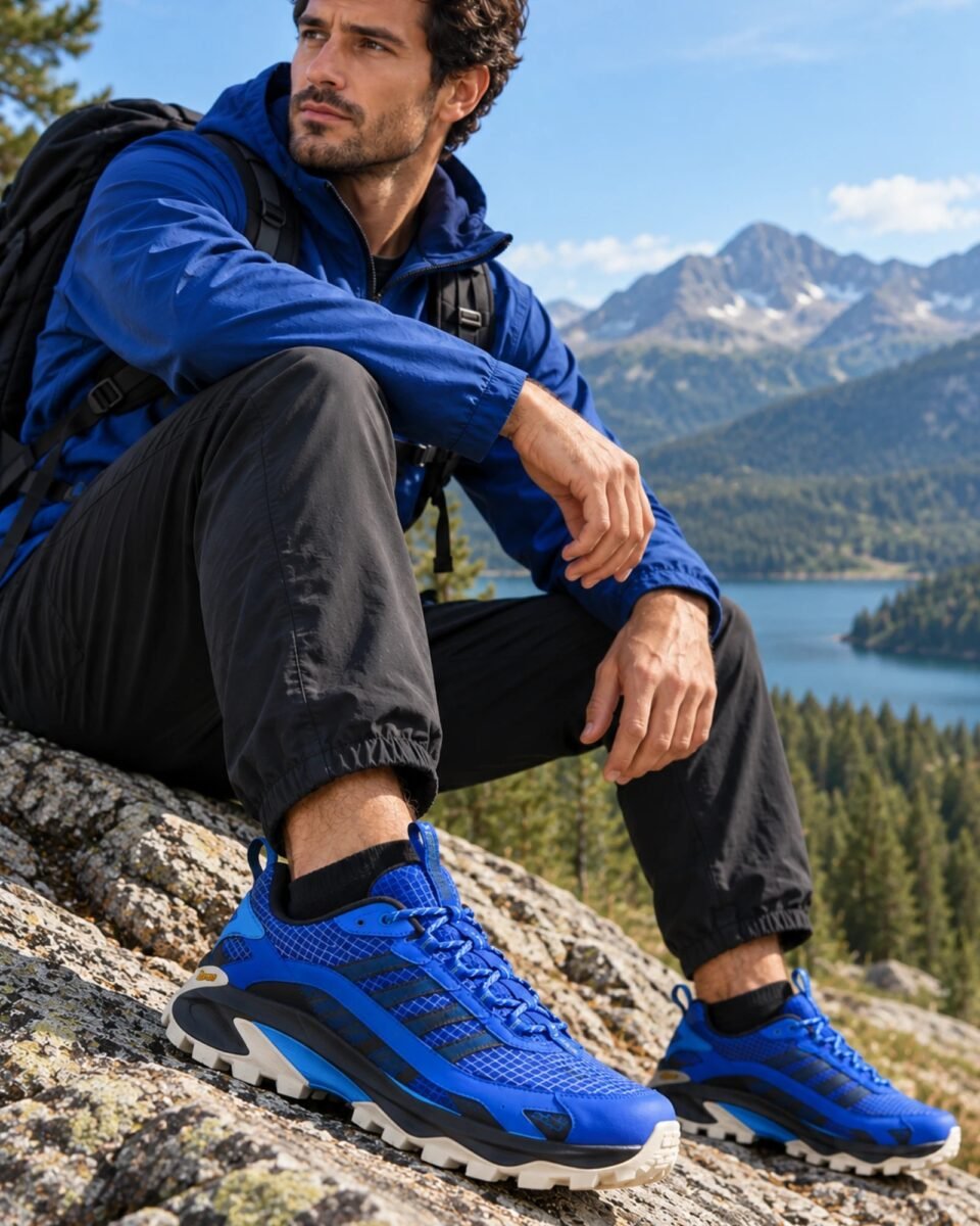 Άνδρας φοράει Merrell Moab Speed 2 GTX J038273 μπλε σε ορεινό περιβάλλον