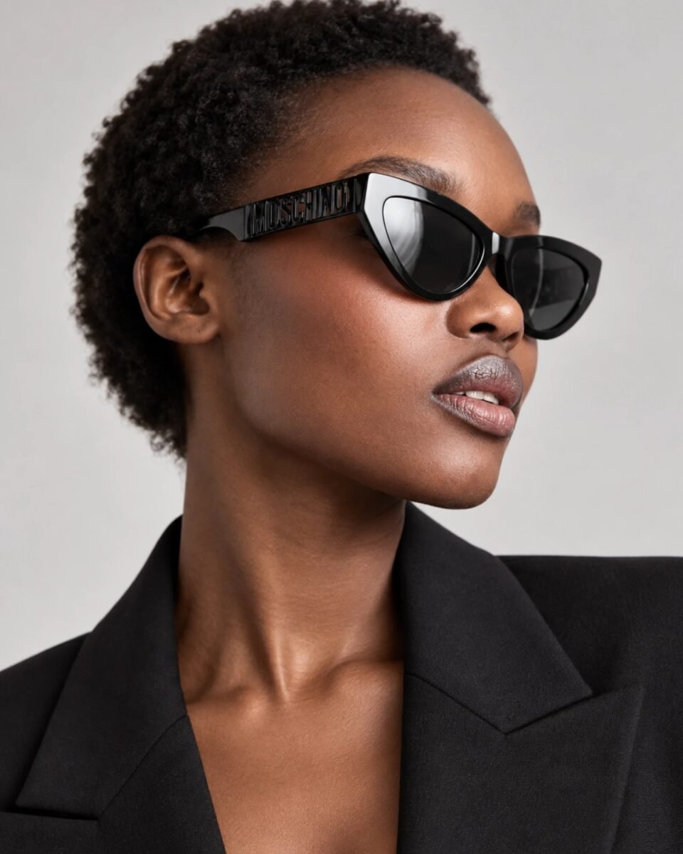 Γυναικείο μοντέλο φορά Moschino MOS160/S 807/9O μαύρα γυαλιά ηλίου με σκούρους φακούς και λογότυπο Moschino στους βραχίονες
