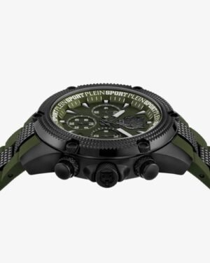 Plein Sport Hurricane PSDBA0223 ανδρικό ρολόι 44mm με μαύρη κάσα και πράσινο καντράν, πλαϊνή λεπτομέρεια