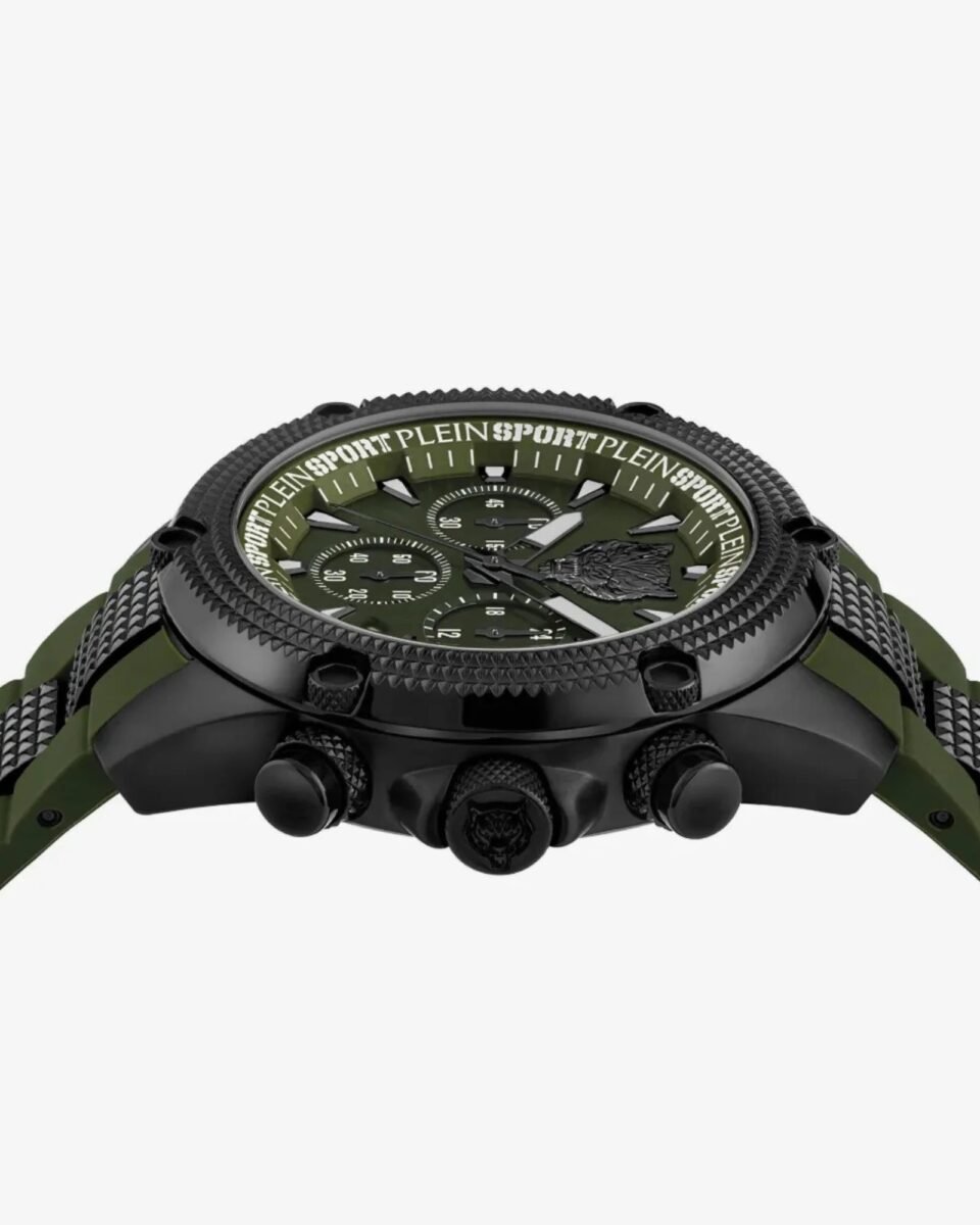 Plein Sport Hurricane PSDBA0223 ανδρικό ρολόι 44mm με μαύρη κάσα και πράσινο καντράν, πλαϊνή λεπτομέρεια