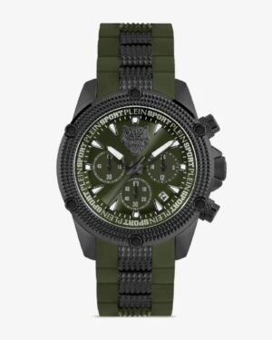 Plein Sport Hurricane PSDBA0223 ανδρικό ρολόι χρονογράφος 44mm με πράσινο καντράν και μαύρο-χακί λουράκι