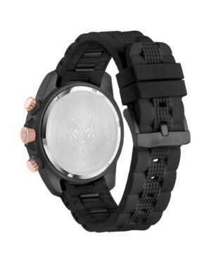 Plein Sport Hurricane Chrono PSDBA0323 ανδρικό ρολόι με μαύρο λουράκι, rose-gold λεπτομέρειες και μεταλλικό πίσω καπάκι