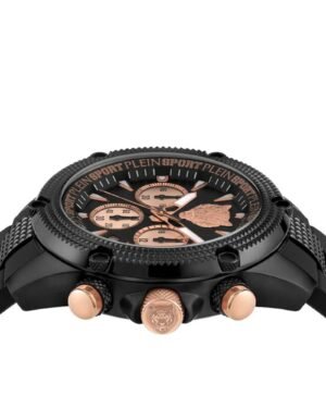 Plein Sport Hurricane Chrono PSDBA0323 ανδρικό ρολόι 44mm σε μαύρο και rose gold, πλαϊνή λεπτομέρεια κάσας
