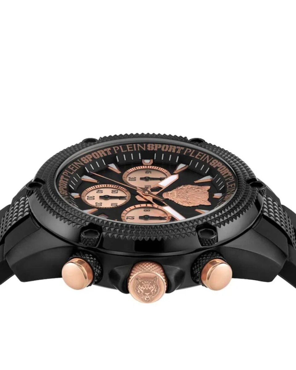 Plein Sport Hurricane Chrono PSDBA0323 ανδρικό ρολόι 44mm σε μαύρο και rose gold, πλαϊνή λεπτομέρεια κάσας