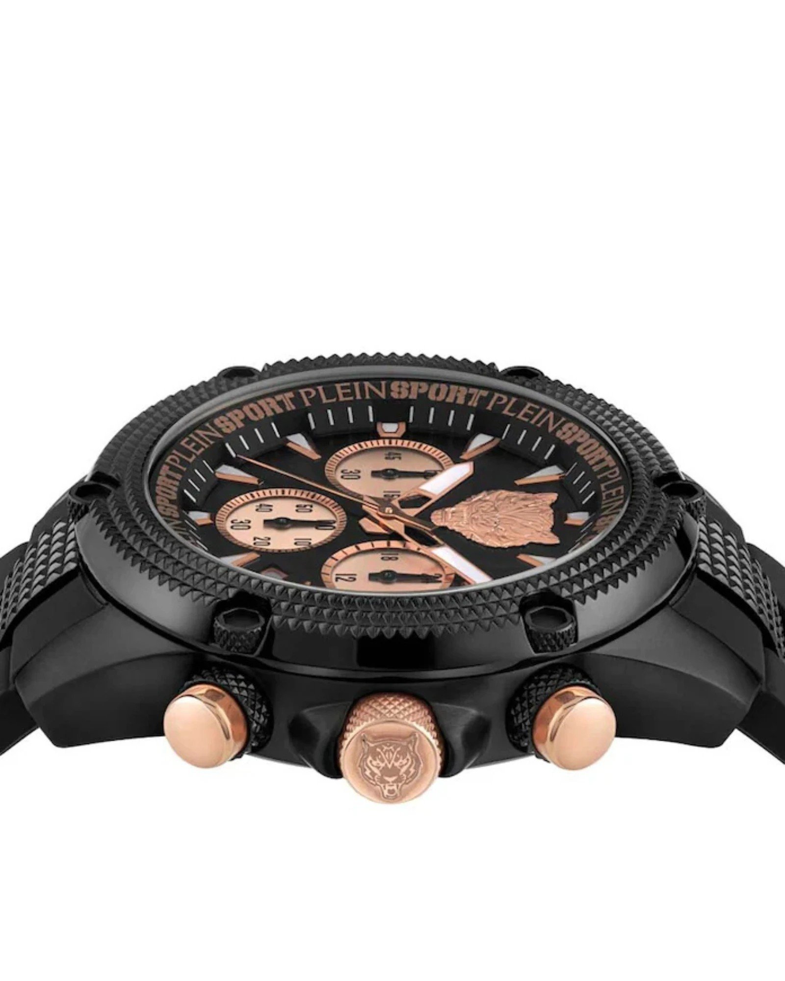 Plein Sport Hurricane Chrono PSDBA0323 ανδρικό ρολόι 44mm σε μαύρο και rose gold, πλαϊνή λεπτομέρεια κάσας