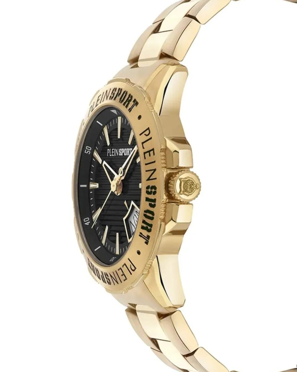 Plein Sport Rampage PSGDA0924 ανδρικό ρολόι 44mm σε χρυσό με μαύρο καντράν και χρυσό μεταλλικό μπρασελέ, πλαϊνή όψη