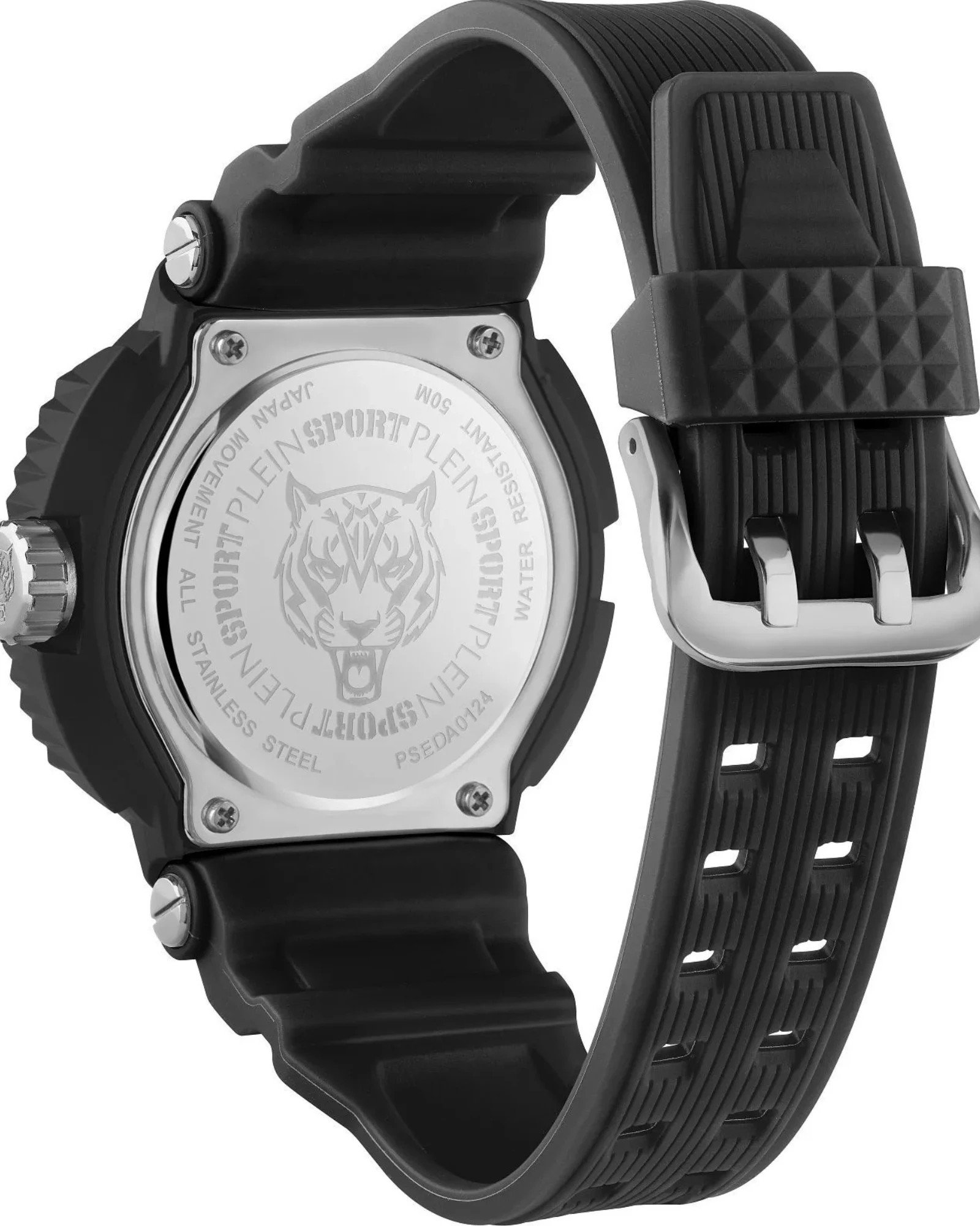 Plein Sport Tiger Power PSEDA0124 μαύρο ρολόι με rubber λουράκι και μεταλλικό πίσω καπάκι, πίσω όψη