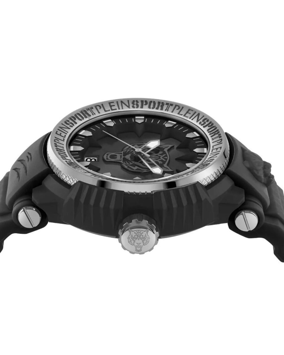 Plein Sport Tiger Power PSEDA0124 μαύρο ρολόι 45mm με tiger motif και μαύρο λουράκι, πλαϊνή όψη