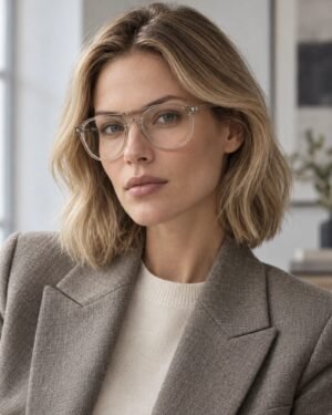 Γυναικείο πορτρέτο με Saint Laurent SL 667 OPT 003 μπεζ διάφανα γυαλιά οράσεως