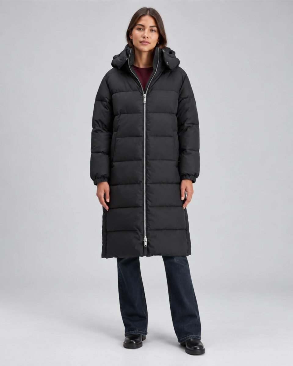Scotch & Soda 178071-U008 γυναικείο μακρύ μαύρο puffer parka φορεμένο σε μοντέλο μπροστινή όψη