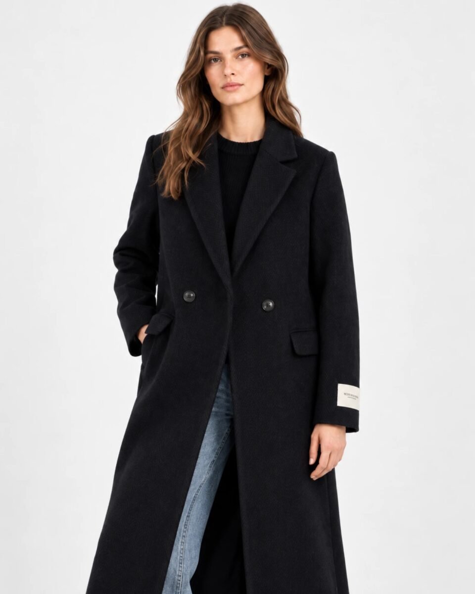 Scotch & Soda 178078-7426 γυναικείο μακρύ παλτό Black And Night φορεμένο σε μοντέλο μπροστινή λήψη