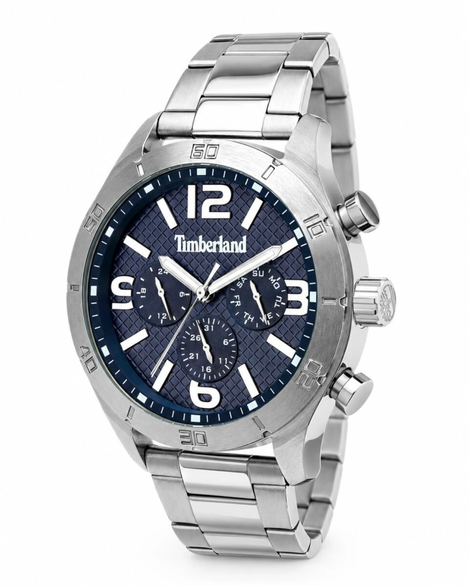 Timberland Stranton TBL15358JS03M ανδρικό ρολόι με ασημί μπρασελέ και μπλε καντράν σε λοξή όψη