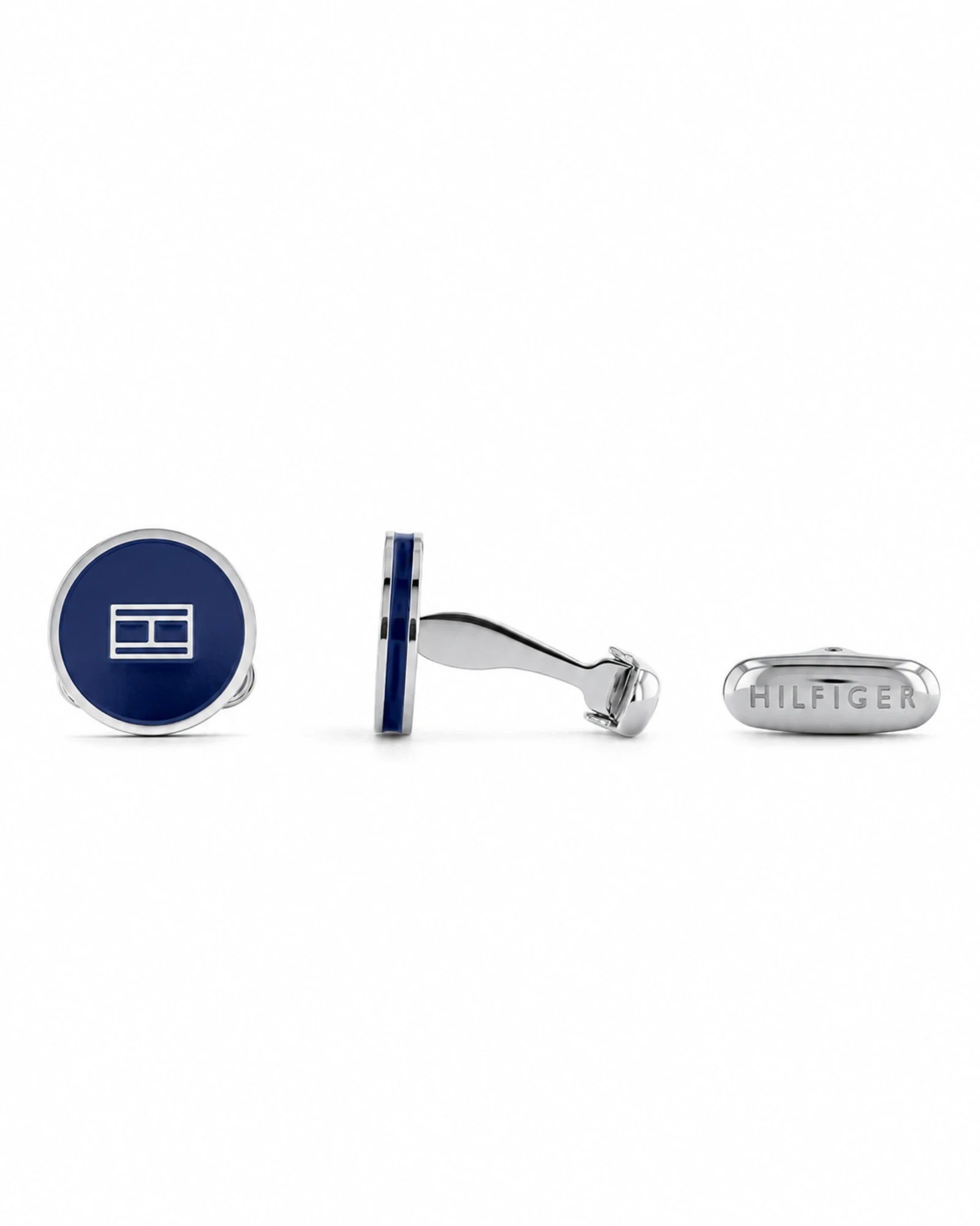 Tommy Hilfiger 2790353 ανδρικά μανικετόκουμπα σε ασημί χρώμα με σκούρο μπλε κέντρο, πολλαπλές όψεις