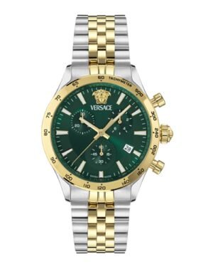 Versace Hellenyium Chrono Petite VECFA0224 ανδρικό ρολόι 40mm με πράσινο καντράν και δίχρωμο ασημί-χρυσό μπρασελέ