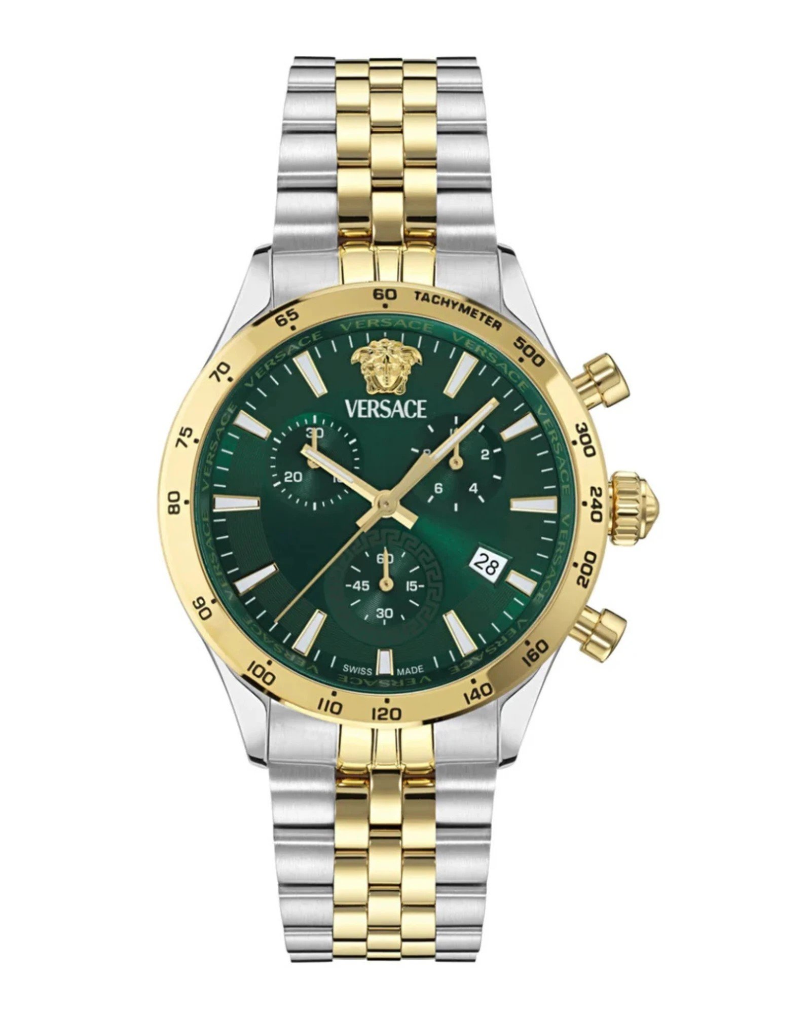 Versace Hellenyium Chrono Petite VECFA0224 ανδρικό ρολόι 40mm με πράσινο καντράν και δίχρωμο ασημί-χρυσό μπρασελέ