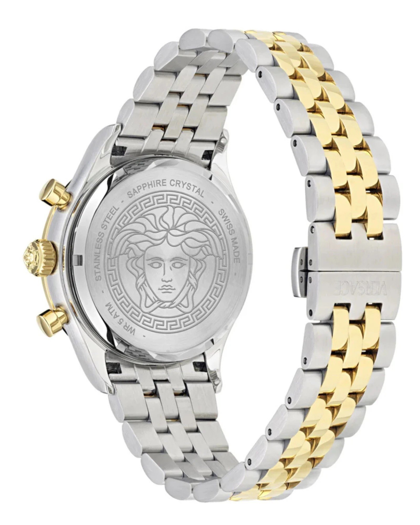 Versace Hellenyium Chrono Petite VECFA0224 δίχρωμο ρολόι με ασημί-χρυσό μπρασελέ και πίσω καπάκι Medusa