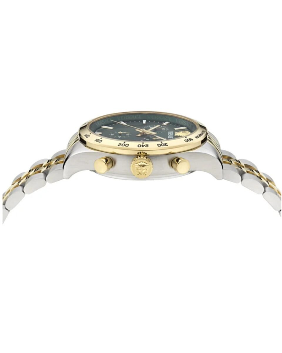 Versace Hellenyium Chrono Petite VECFA0224 ρολόι 40mm με πράσινο καντράν και δίχρωμο μπρασελέ, πλαϊνή όψη