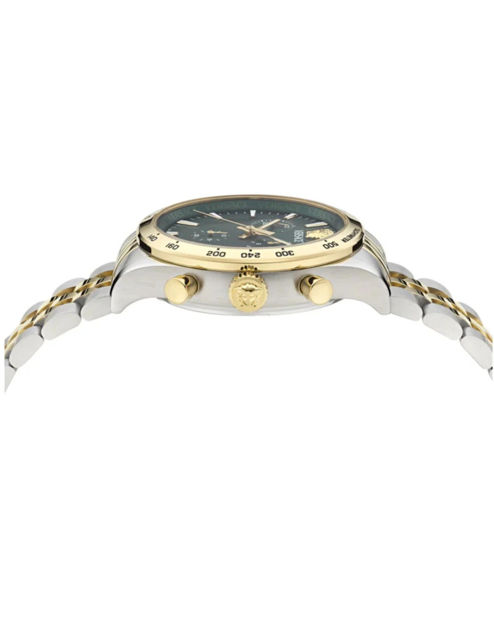 Versace Hellenyium Chrono Petite VECFA0224 ρολόι 40mm με πράσινο καντράν και δίχρωμο μπρασελέ, πλαϊνή όψη