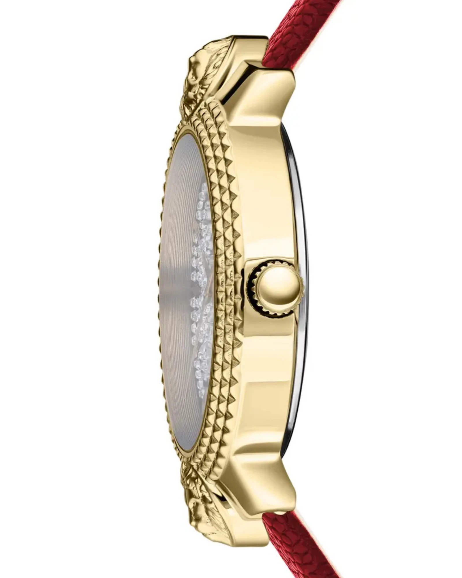 Versus Versace Mouffetard VSPLK2321 γυναικείο ρολόι πλάγια όψη με χρυσή κάσα και κόκκινο λουράκι